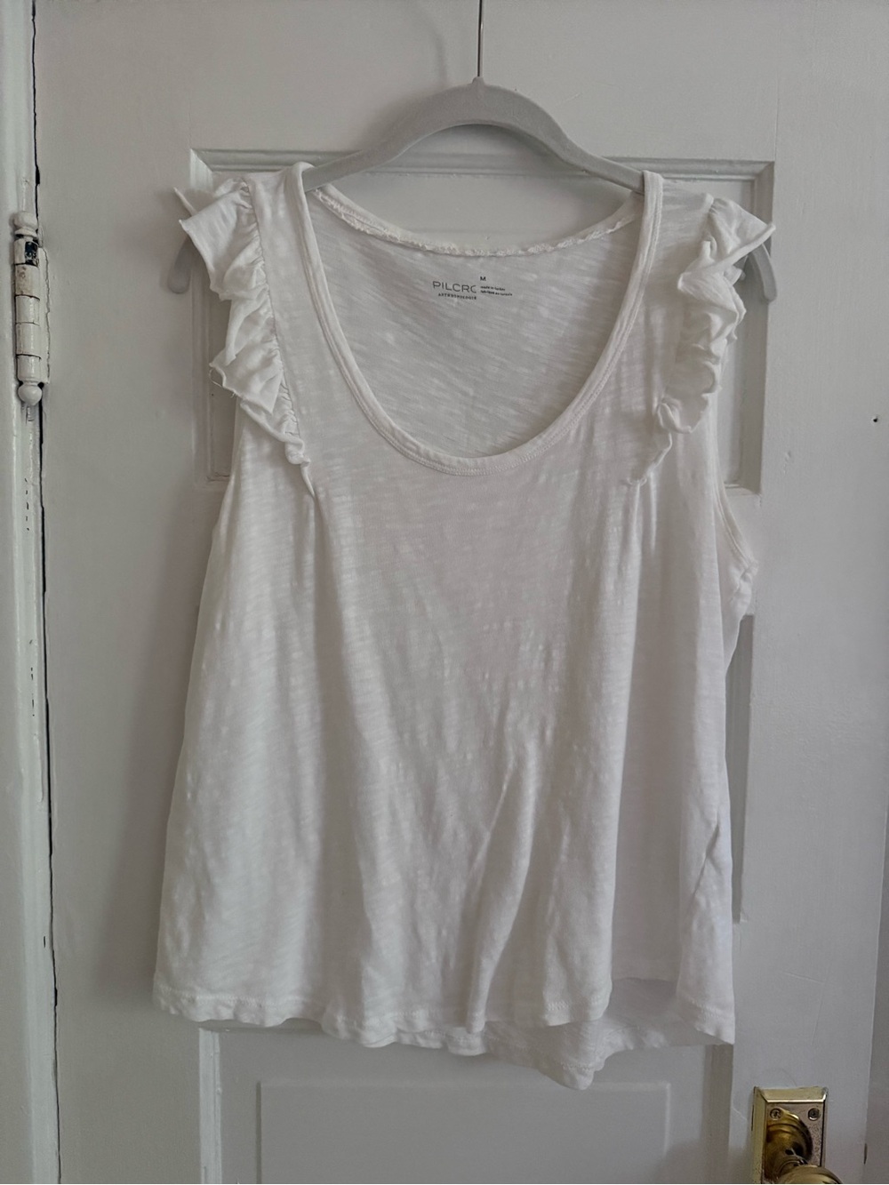 Pilcro White Ruffle Shoulder Scoop Tank